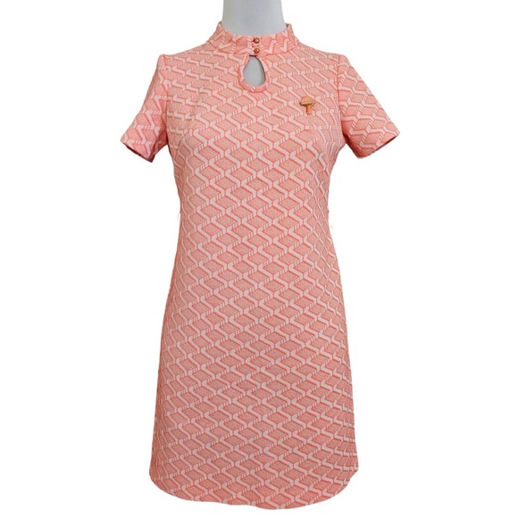 Dresses & Skirts - Vintage 60s Mod Peach Geometric Double Knit Shift Dress Mushroom Pin Mod GoGo